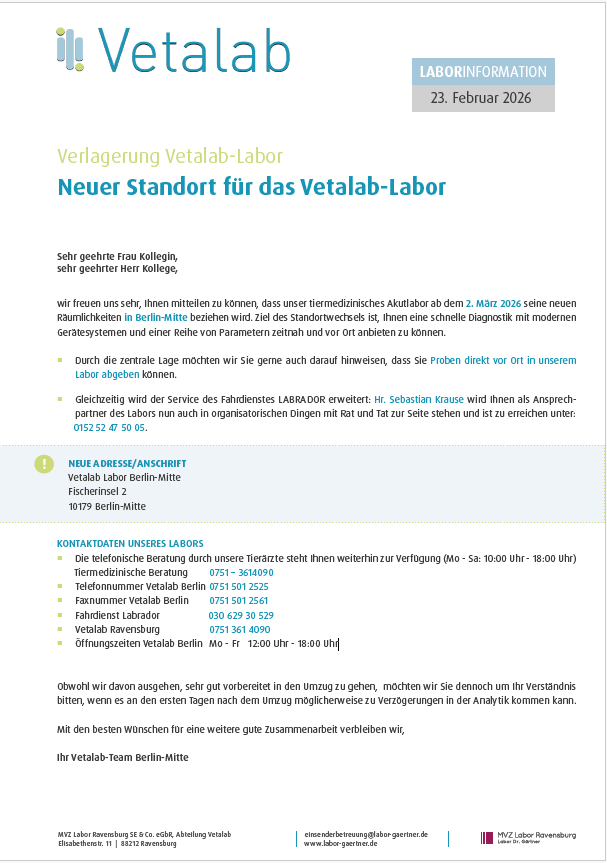 Laborinformation_Neuer Standort für das Vetalab-Labor Berlin-Mitte